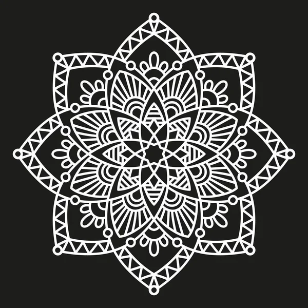 Motivo simmetrico rotondo bianco su nero. mandala decorativo fantasia — Vettoriale Stock