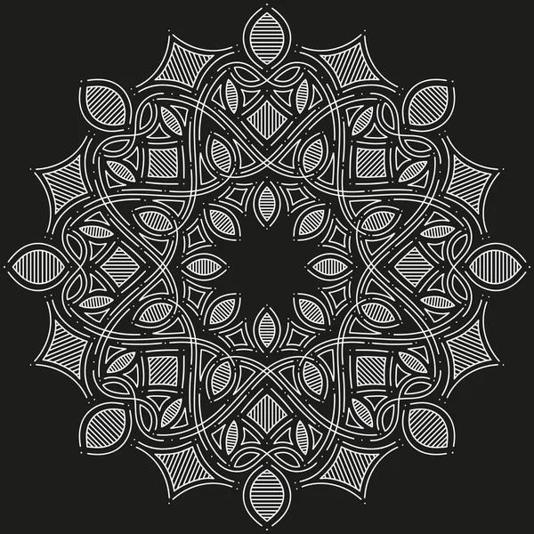 Bílý kulatý symetrický vzor na černém. ozdobná dekorační Mandala — Stockový vektor