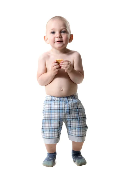 Retrato de un niño rubio de ojos azules en pleno crecimiento, sobre un fondo blanco . —  Fotos de Stock