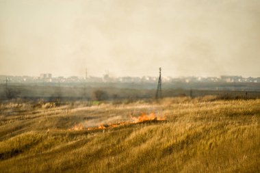 Ateş ve duman, yamaçta kuru çimenler yanıyor. Sıcak sonbahar