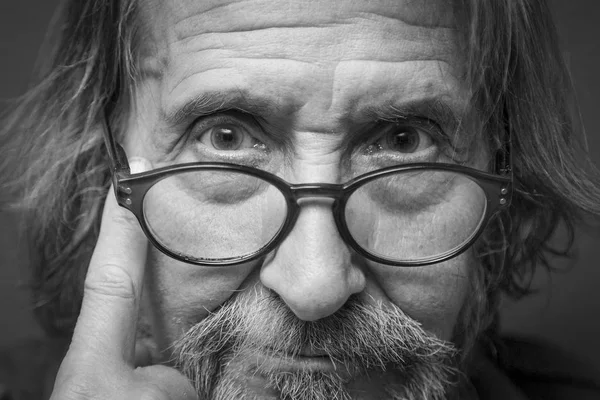 Black White Portrait Old Man Long Hair Beard Wearing Eyeglasses — Stock Photo, Image