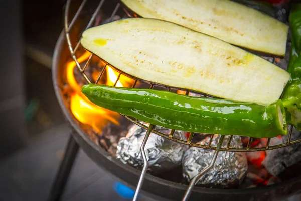 Churrasco Vegetariano Com Pimenta Verde Pimenta Vermelha Abobrinha Batatas — Fotografia de Stock