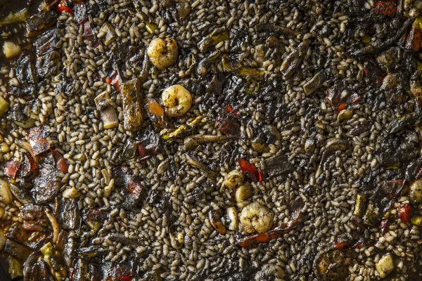 Černé Španělské Rýže Vařená Garnáty Chobotnice Chřest — Stock fotografie