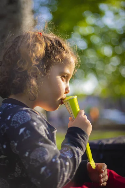 Küçük Kız Bir Limon Dondurma Parkta Güneşli Bir Günde Sahip — Stok fotoğraf