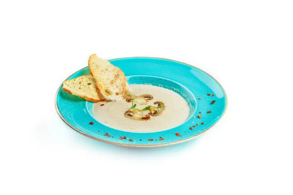 Delicious Mushroom Cream Soup Blue Plate Served Bread Croutons Isolated — Stock Photo, Image