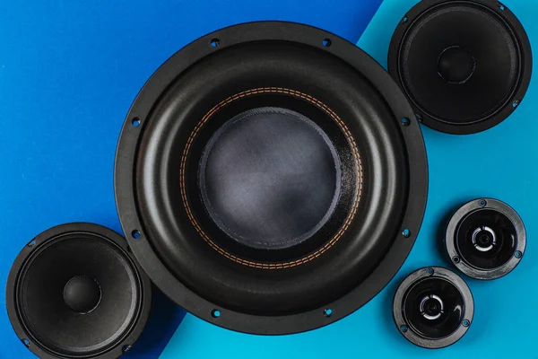 Araba sesi, araba hoparlörleri, mavi-açık mavi arka planda siyah subwoofer. Kapat.