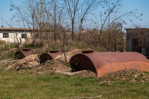 Old Abandoned Rusty Barrels Lie Half Buried Ground — Stock Photo, Image