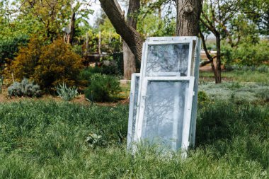 Gözlüklü eski ahşap pencereler yeşil çimenlikteki bir ağaç hakkında pıhtılaşmış..