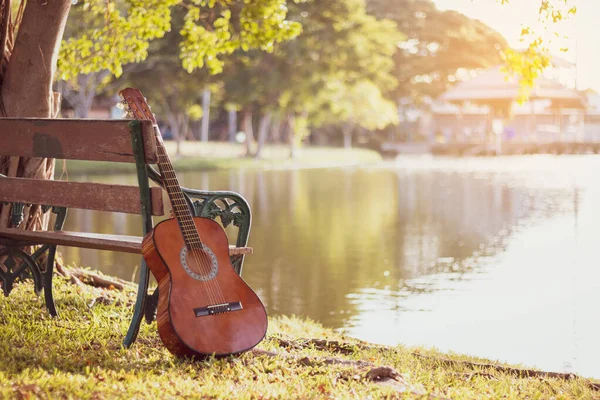 Blick Auf Die Akustikgitarre See Hintergrund Der Natur Des Sees — Stockfoto