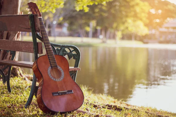 Blick Auf Die Akustikgitarre See Hintergrund Der Natur Des Sees — Stockfoto
