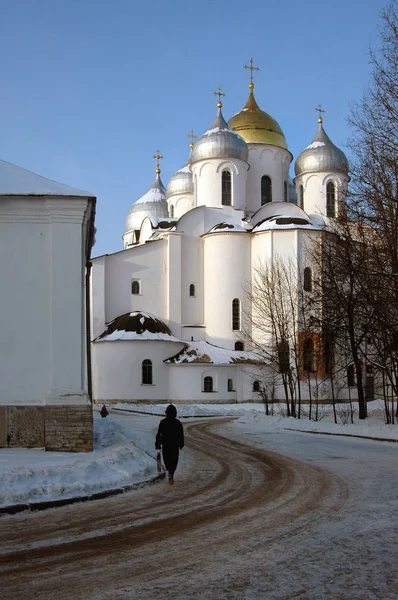 Novgorod Kremlin 'deki St. Sophia Kilisesi' ne giden yol. Dikey fotoğraf