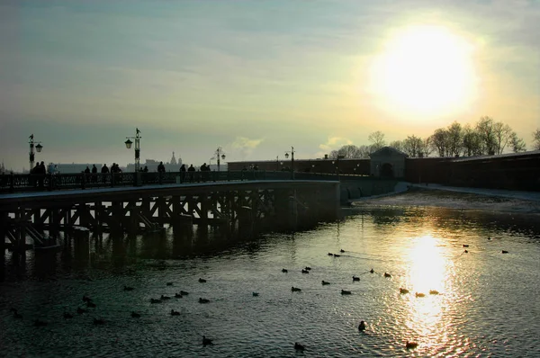 Malaya Nevka ve arka plandaki Hare adasındaki köprü, St. Petersburg, Rusya