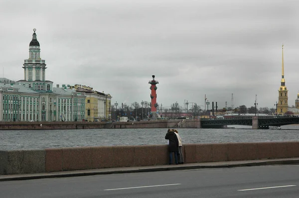 Kunstkamera ve Rostral sütunlarının görüntüsü. Ayrıca saray köprüsünde ve Peter ve Paul kalesinde, St. Petersburg