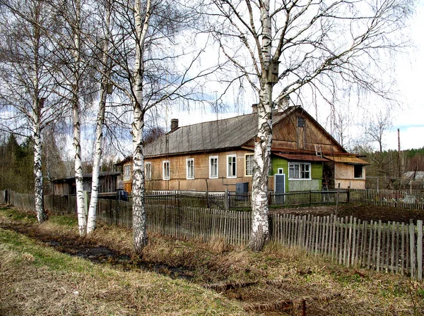 Una Vieja Casa Madera Bosque Rusia Largo Cerca Crecen Abedules —  Fotos de Stock