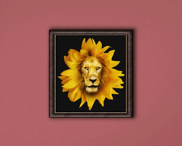 壁にライオンとひまわりの絵 — ストック写真