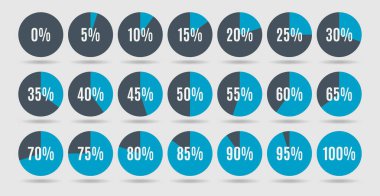 Infographics için renkli çember yüzdelik şemaları, 0 5 10 15 20 25 30 35 40 45 60 65 75 75 80 85 85 90 100. Vektör illüstrasyonu