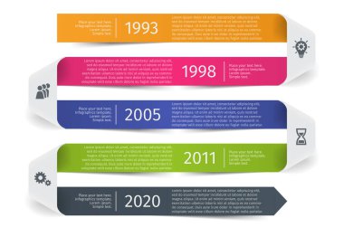 Modern renkli şablon iş konsepti zaman çizgisi kurdele oku. Sunum için 5 adımlı bilgi grafikleri düzeni, bölümler, seçenekler, aşamalar