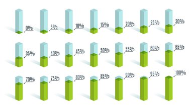 Set of green percentage charts for infographics, 0 5 10 15 20 25 30 35 40 45 50 55 60 65 70 75 80 85 90 95 100 percent. Vector illustration clipart