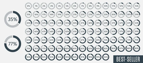 0 'dan 100' e kadar olan çember yüzdelik diyagramları. Infographics, Lignt, 5 10 15 20 25 25 30 35 40 50 55 60 75 75 80 85 90 95. Vektör illüstrasyonu