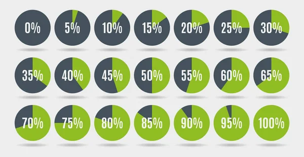 Infographics için renkli çember yüzdelik şemaları, 0 5 10 15 20 25 30 35 40 45 60 65 75 75 80 85 85 90 100. Vektör illüstrasyonu