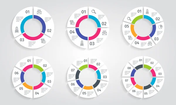 Çember okları, modern bilgi kümesi. Diyagram, iş akışı düzeni, akış şeması, adımlar, parçalar, zaman çizelgesi, çizelge, web tasarımı, arkaplan için 3-8 seçeneğe sahip vektör şablonu.