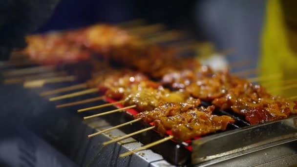 Street Thai Food Thai Style Barbecue Pork Grilled — Stock Video