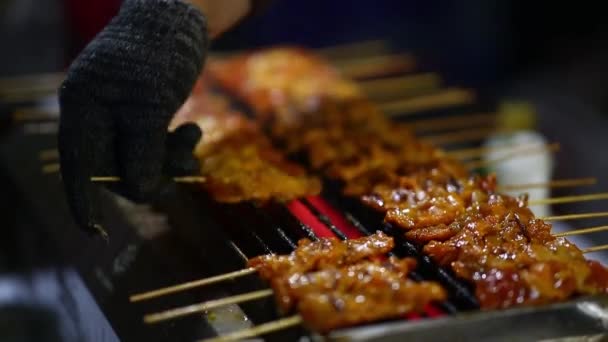 Ulica Tajski Żywności Tajski Styl Grilla Wieprzowina Grillowane — Wideo stockowe