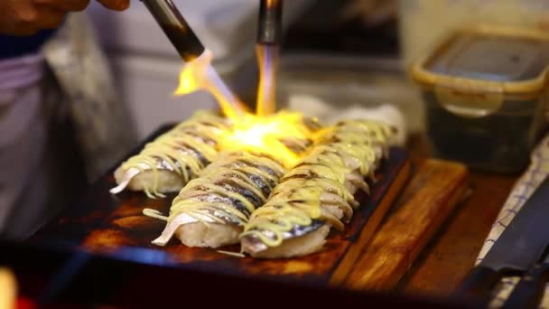 Street Thai Food Gegrilde Thunnus Tonijn Sushi — Stockvideo