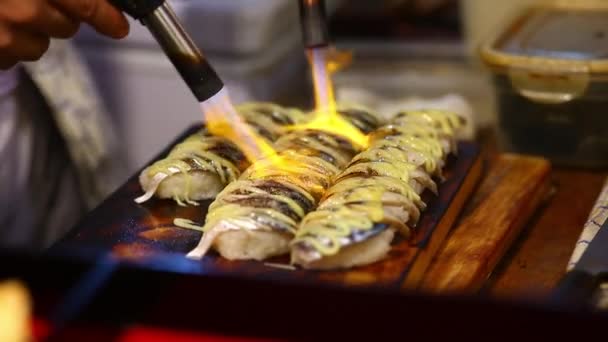 Straße Thailändisches Essen Gegrilltes Thunnus Sushi — Stockvideo