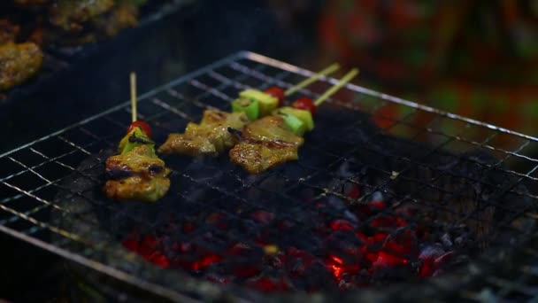 Street Thai Food Barbecue Grilled — Stock Video