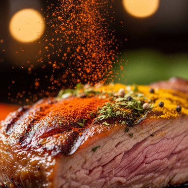 Bir şefin elinin kırmızı kırmızı biberli ızgara bifteği çeşnilendirirken yakın plan, yüksek açılı bir fotoğrafı ve huysuz bir mutfakta taze yeşil otlar..