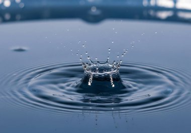 Tek bir damla su mükemmel bir taç sıçraması yaratır ve sakin, mavi bir yüzey boyunca dalgalanır, dinamik ve dinamik bir anı yakalar..