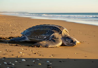 Görkemli bir deniz kaplumbağası gün batımında kumlu bir kumsalda dinleniyor. Sıcak, altın bir gökyüzünün altında dalgalar kıyıya vuruyor..