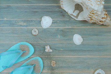 Ahşap arka planda deniz eşyaları ile parmak arası terlik.