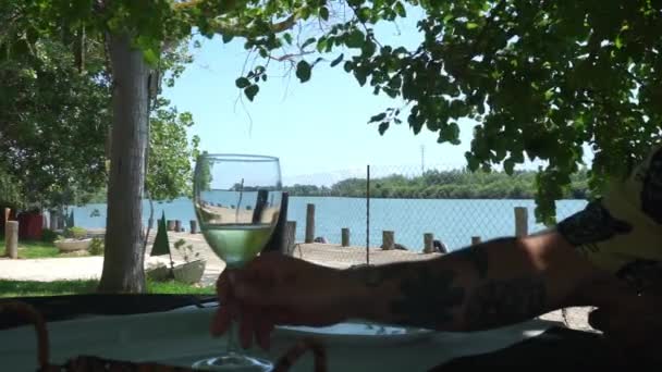 Man Neemt Een Glas Zijn Hand Met Witte Wijn Een — Stockvideo