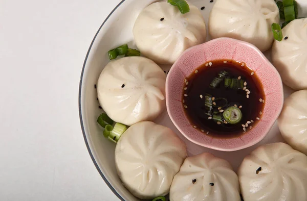 Xiaolongbao Petits Pains Chinois Cuits Vapeur Avec Sauce Soja Image — Photo