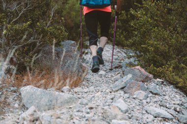Maceracı adam. Sırt çantası ve dağ çubuklarıyla yürüyüş..