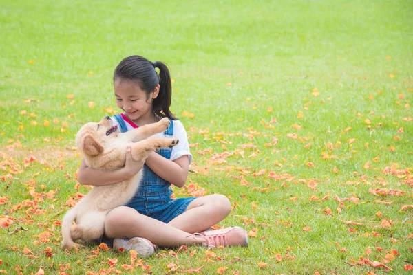 Junge Asiatische Mädchen Mit Einem Kleinen Golden Retriever Hund Park — Stockfoto