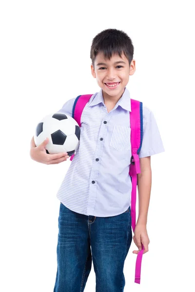 Jovem Asiático Menino Segurando Bola Sorrisos Sobre Fundo Branco — Fotografia de Stock