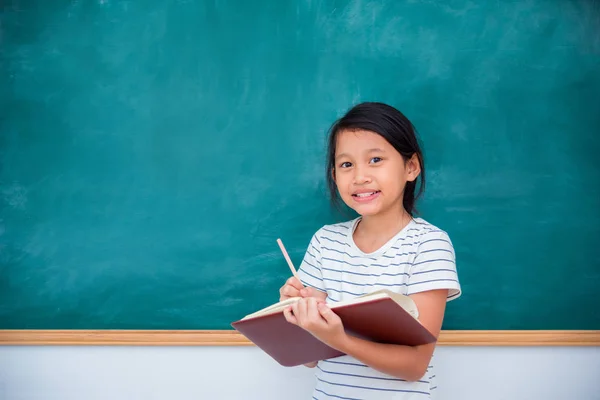 Young Asian Schoolgril Smiling Front Chalkboard — Stock Photo, Image