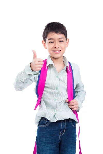 Młody Chłopiec Azjatyckich Uśmiechając Się Pokazuje Kciuk Sie Białym Tle — Zdjęcie stockowe