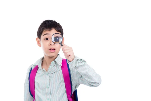 Young Asian Boy Looking Thru Magnifying Glass White Background — Stock Photo, Image