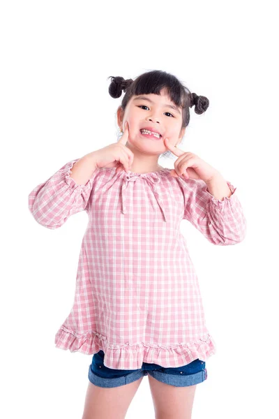 Kleine Asiatische Mädchen Lächeln Und Zeigen Ihre Ersten Zähne Verlust — Stockfoto