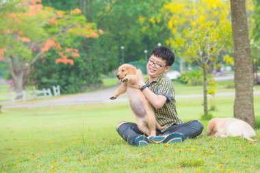 Oturma ve Park köpeğiyle oynayan Genç Asyalı çocuk