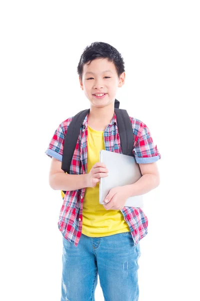 Young Asian Boy Backpack Holding Laptop Computer Smiles — Stock Photo, Image