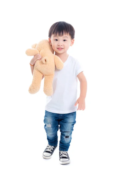 Piccolo Asiatico Ragazzo Holding Orsacchiotto Stuffes Giocattolo Sorrisi Bianco Sfondo — Foto Stock