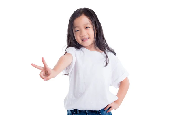 Aziatische Meisje Glimlachend Doen Gebaar Overwinning Witte Achtergrond — Stockfoto