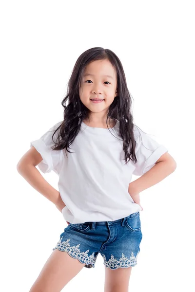 Aziatische Meisje Permanent Glimlacht Witte Achtergrond — Stockfoto