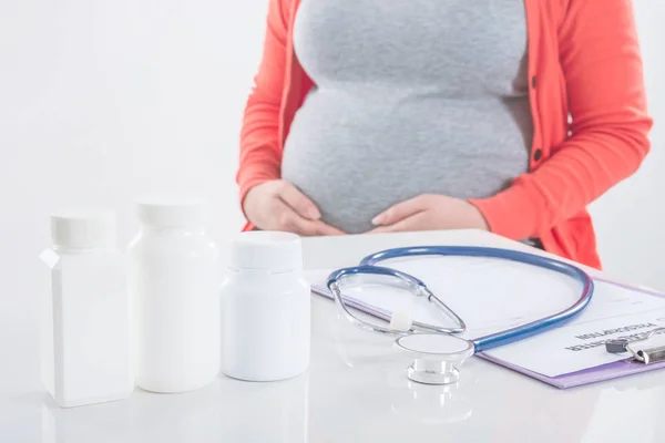 Flaconi Medicina Con Donna Incinta Background Medicinali Con Concetti Gravidanza — Foto Stock