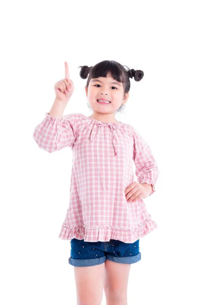 Aziatische Meisje Wijzende Vinger Omhoog Glimlacht Witte Achtergrond — Stockfoto